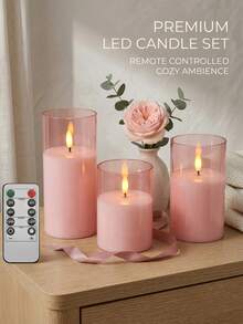 3pcs Pink Candle Lights With Adjustable Brightness And Timer Remote Control, Warm Flame, Birthday And Wedding Supplies, Christmas Preparation, Christmas Celebration, Valentine's Day, Gift, Party - Pink - View 3