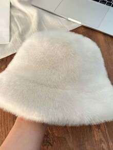 1pc Faux Rabbit Fur Adjustable Bucket Hat For Women, Face-Slimming, Warm, Versatile, Large Head Circumference, White, Plain, Plush, Autumn/Winter - Plush - View 7