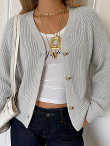 Y2K Style Grey Cardigan With Amber Buttons, Casual Comfortable Loose Knit Sweater Jacket For Daily Wear, Back To School Season - Grey - View 4