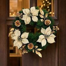Künstlicher Weihnachtskranz 40cm mit weißen Weihnachtssternen und goldenen Tannenzapfen, dekorative Girlande für Tür und Wand in Grün, Weiß und Gold, 40x8x40cm - A - Übersicht 2