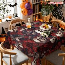 1/2pcs Halloween Tablecloth, Halloween Theme Skull And Red Rose Pattern Polyester Tablecloth Suitable For Dining Table, Coffee Table, Kitchen, Picnic, Camping, Country Farmhouse Decor, Holiday Table Setting - Multicolor - View 7