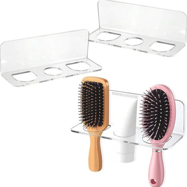 3pcs/2pcs/1pc Acrylic Hair Brush Holder With 3 Holes Adhesive Bathroom Hair Tool Organizer Wall Mounted For Curling Iron Straightener Comb (Hole Diameter 1.34 To 1.57 Inches)