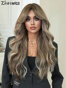 7JHH WIGS Wig Keriting Bergelombang Panjang untuk Wanita 26 Inci Wig Bergelombang Longgar Belahan Tengah Poni Tirai dengan Akar Gelap, Sintetis Tahan Panas dan Mengembang untuk Pemakaian Sehari-hari, Pesta Festival Musik (Abu-abu, Pirang, Cokelat) - MultiWarna - View 2