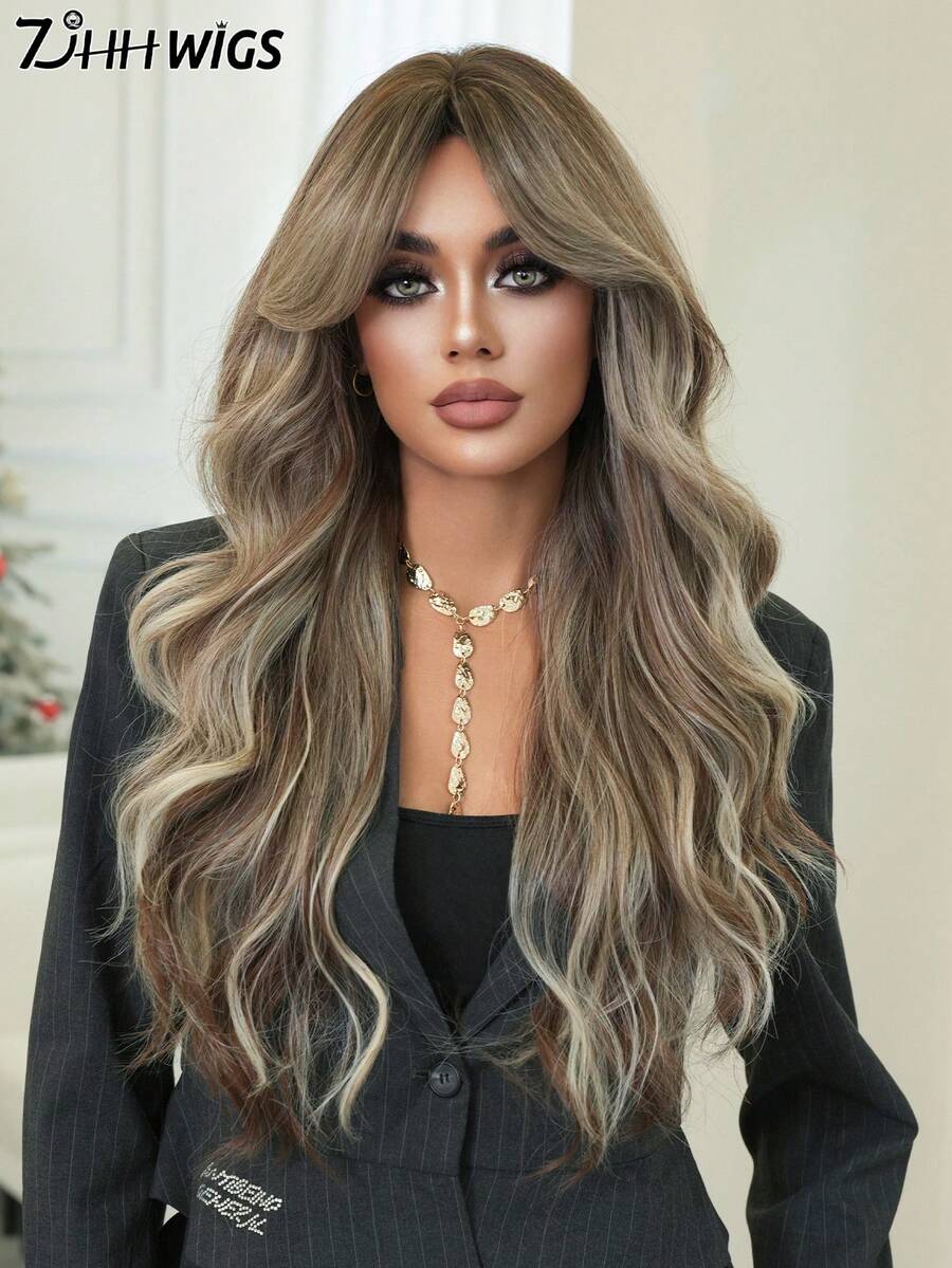 7JHH WIGS Wig Keriting Bergelombang Panjang untuk Wanita 26 Inci Wig Bergelombang Longgar Belahan Tengah Poni Tirai dengan Akar Gelap, Sintetis Tahan Panas dan Mengembang untuk Pemakaian Sehari-hari, Pesta Festival Musik (Abu-abu, Pirang, Cokelat)