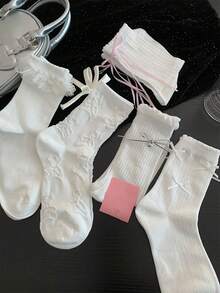 1/5 Pairs White Girls' Summer Mid-Calf Socks, Japanese Cute JK Style, Thin Lace Bow Ballet Design - White - View 5