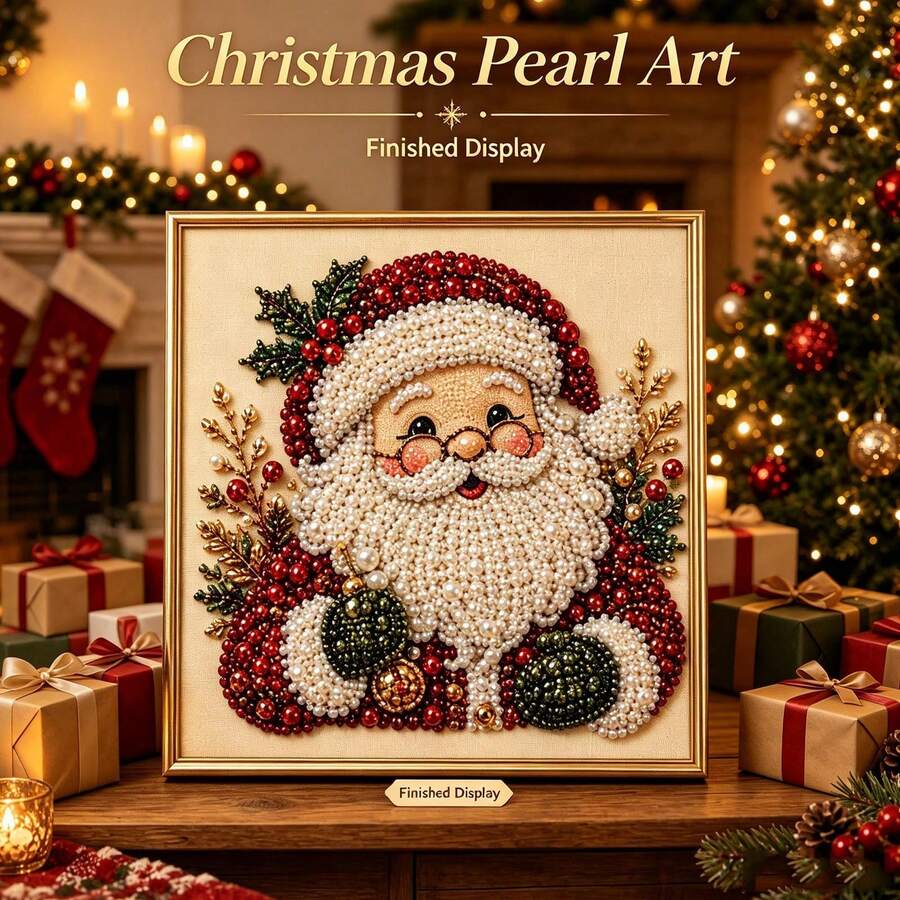 DIY Christmas Pearl Diamond Painting Art Kit With Frame, Christmas Pearl Beads Handmade Artwork, Suitable For Adults And Beginners, Gemstone Diamond Dot Painting, Home Wall Decor