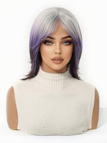 Ombre Silver To Dark Purple Medium Length Layered Synthetic Wig Middle Part, Natural Soft Heat Resistant Full Wig For Daily Cosplay Party Halloween - Ombre - View 4