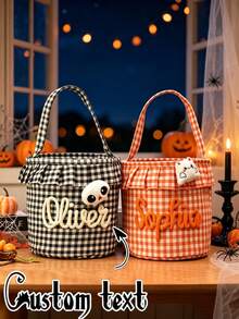 客製化萬聖節荷葉邊個性化格子萬聖節討糖袋，可客製姓名，兒童萬聖節糖果桶收納籃禮物 - 彩色 - 查看 4