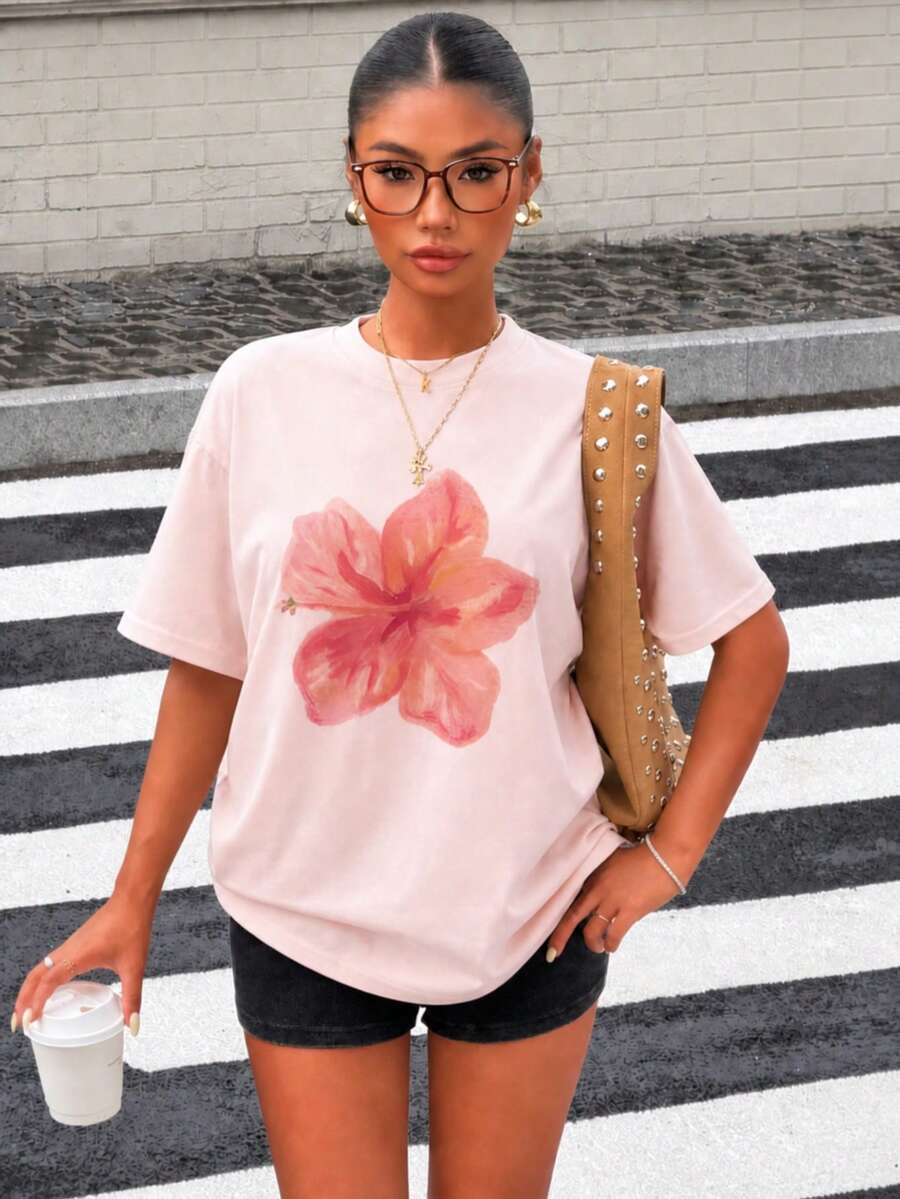 粉色酸洗芙蓉花印花女式宽松圆领T恤,适合夏季海滩度假休闲穿着 - 粉色 - 查看 1