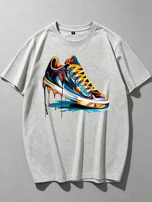 Men's Loose Fit Colorful Sneaker Print Short Sleeve T-Shirt, Plus Size Casual Top | Exquisite Design | Summer Essential | Easy To Match, Showcase Your Style - 灰色 - 查看 4