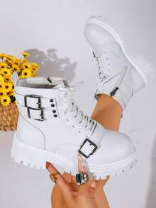 Women's White Buckle Decor Ankle Boots, Lace-Up Thick Sole Work Boots - White - View 1