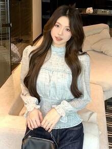 French Style Round Neck Chiffon Long Sleeve Blouse Women Spring Autumn Sweet Elegant Ruched Waist Top - Green - View 6