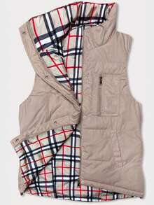 Women's Reversible Vest, 2-In-1 Sleeveless, One Side Plain, One Checkered. Loose Fit. - Beige - View 5