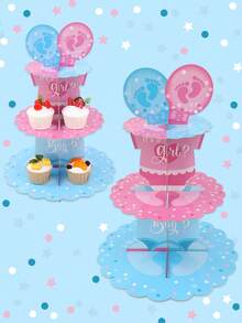 1 Set/2 Sets Pink & Blue 3-Tier Cupcake Stand, Baby Footprint Balloon Print, Creative DIY Cake Decoration, Cake Dessert Display Rack, Gender Reveal Party Supplies, 1st Birthday Party Decoration, Baby Shower Decoration, Boy & Girl Party Supplies, Boy & Girl Party Gifts, 1st Birthday Party Decoration Supplies - Blue Pink - View 9