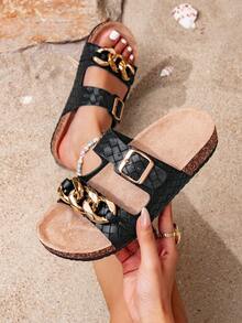 Women's Woven Metal Chain Decor Buckle Strap Open Toe Flat Sandals, Vintage Casual Summer Beach Daily Slippers - Black - View 13