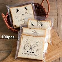 100pcs Cat Design Self-Sealing Plastic Bags, Transparent Coating Disposable Packaging, Suitable For Bread, Toast And Pastries, Transparent Sealable Gift Packaging, Suitable For Office Snack Sharing, Kitchen Essential, Suitable For Daily Item Packaging - Cat Model - View 10