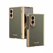 VIETAO 電鍍材質人造皮革全包覆保護手機殼，適用於 Galaxy Z Fold 7 6 5 4 8 Ultra Fold7 Fold6 Fold5 Fold4，含鋼化玻璃螢幕保護貼 - 棕灰色 - 查看 17