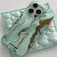 1 Piece Of Niche Dyed Marble Gold Foil Wave Phone Case Compatible With Apple 18Promax/11/12/13/2plus/15/16/17pro - Green - View 1