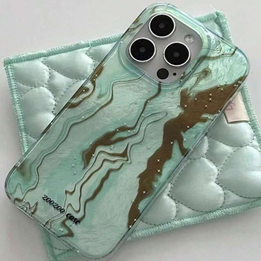 1 Piece Of Niche Dyed Marble Gold Foil Wave Phone Case Compatible With Apple 18Promax/11/12/13/2plus/15/16/17pro - Green - View 1