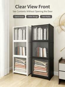 1 Set Stackable Large Capacity Plastic Storage Box, Minimalist White/Black Square Cabinet With Dust-Proof Transparent Flip Lid Door, Foldable Clothes And Books Storage Box, Suitable For Bedroom, Dorm, Wardrobe, Housewarming, Back To School, Daily Storage - Multicolor - View 4