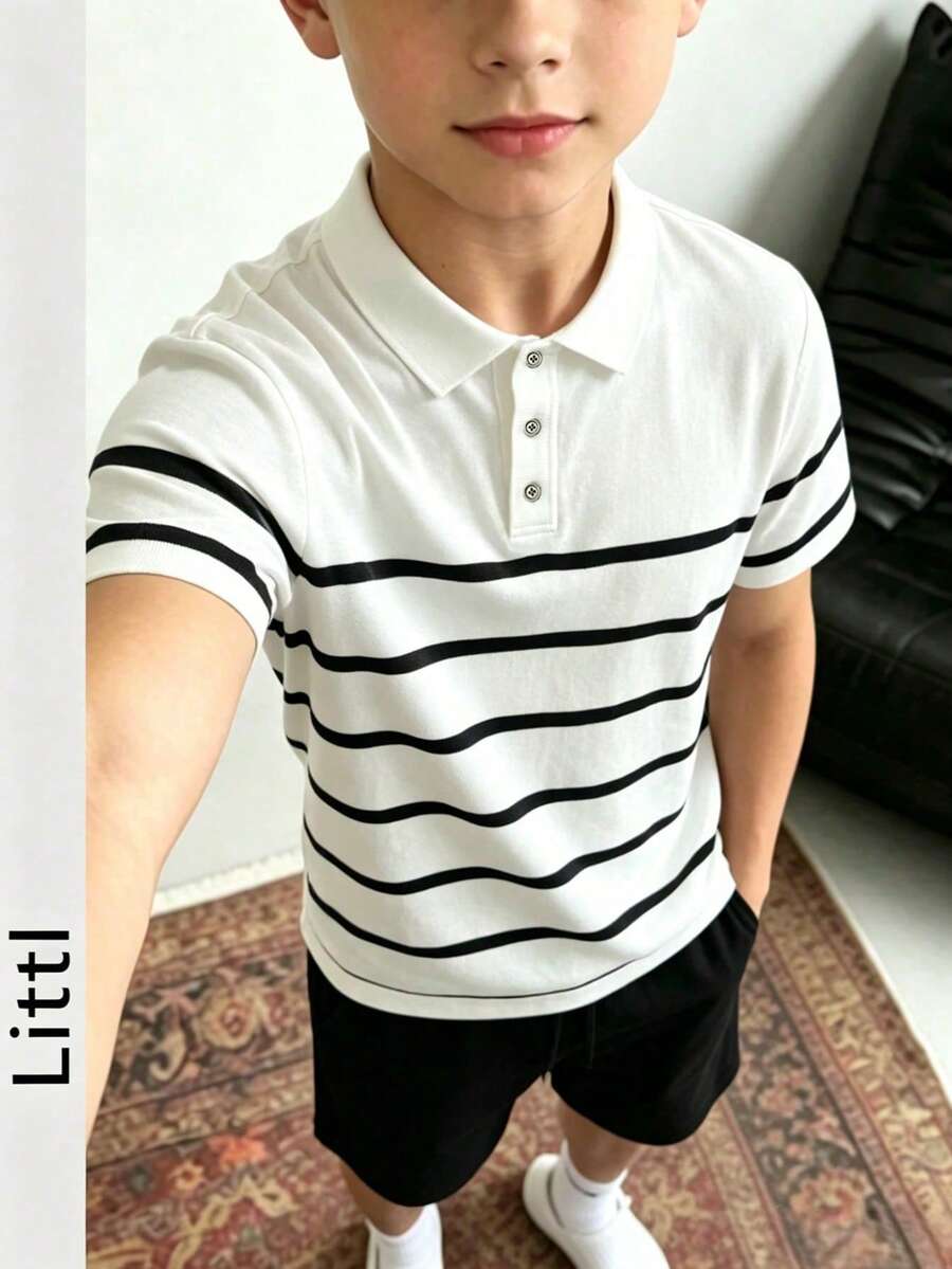 Big Kids Classic Colorblock Striped Knit Polo Shirt, Breathable Lightweight Casual Knit Top - White - View 1