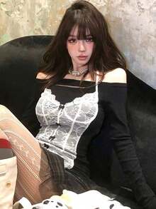 Atasan Dalaman Wanita Model Halterneck dengan Renda dan Pita, Lengan Panjang, Melangsingkan Pinggang - Hitam - View 5