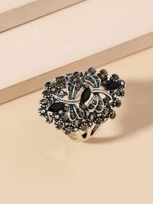 1pc Dark Gothic Vintage Geometric Hollow Rhinestone Dragonfly Ring - Antique Silver - View 6