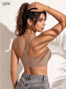 1pc Women's Earth Tone Backless Light Sports Bra, Wide Strap, Wire-Free, Removable Padding - Camel - View 1
