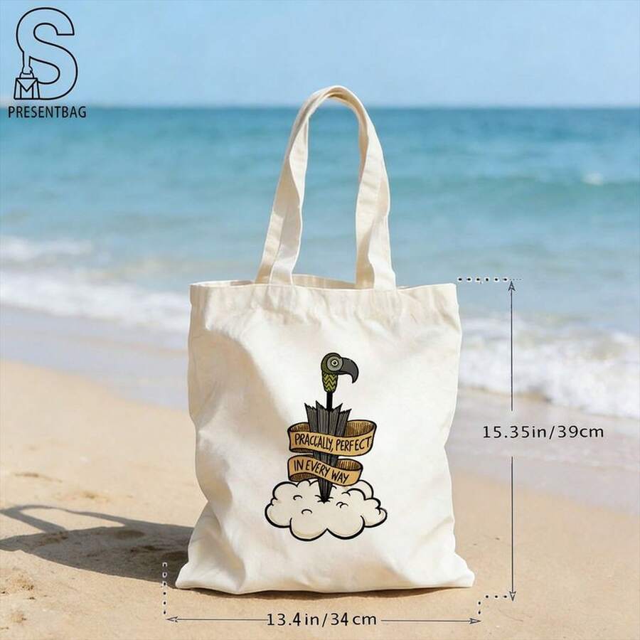 1 pieza, bolso de mano de lona estampado clásico de , con diseño vintage de cabeza de pájaro pintada, paraguas y nubes, eslogan en inglés, elegante bolso de gran capacidad, bolsa - A - Ver 1