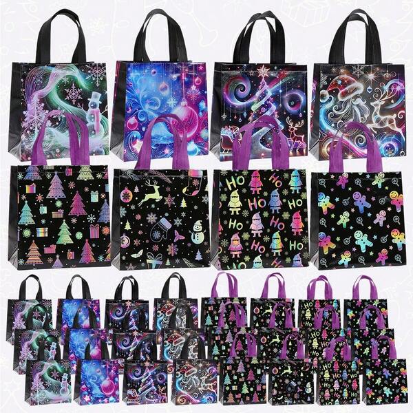 CARRIECUR 8/16/24/32Pcs Christmas Gift Tote Bags, 8 Assorted Holographic Foil Designs Non-Woven Treat Handbags With Handles, Santa Snowman Reindeer Gnome Gingerbread Print Reusable Goodie Bags For Christmas Party, Holiday Gift-Giving & Xmas Favors Supplies