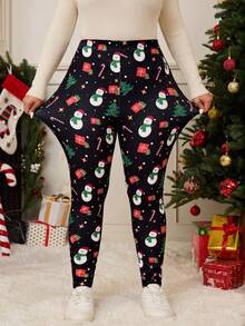 Plus Size Christmas Snowman Candy Cane Print Women's Leggings, Polyester Long Regular Fit Leggings, Holiday Winter Wear, Slightly Stretchy - Black - View 2