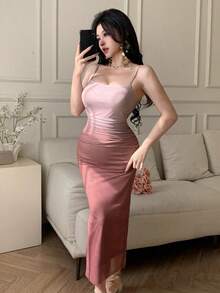 Vestido de tirantes finos elegante de color degradado ajustado para mujer - Multicolor - Ver 3