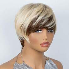 AMECIRE Pixie Cut Wig Women's Straight-Hair Wig Short Blonde Wig Human Hair Wigs With Bangs Stylish Design Suitable For Wearing During The Holidays - S4/613 - View 8