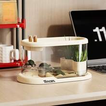 Water And Land Turtle Tank, Small Desktop Transparent Turtle Tank, Home And Office Slouchy Landscaping Turtle Tank With Basking Platform And Feeding Area, Dual-Use Water And Land Brazilian Turtle Breeding Box, Pet Turtle Rearing Tank - Multicolor - View 11
