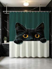1pc Creative Black Cat Probe Shower Curtain - Suitable For Bathroom Decor, Bathroom Curtain - Easy To Clean, Exquisite Home Decor, Bathroom Partition Curtain, Decorative Shower Curtain, Bathroom Accessories Home Decor Gift - Includes 12 Hooks - Multicolor - View 6