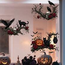 1/2pcs Dark Gothic Raven Skull Halloween Window Sticker, Double-Sided Visible PVC Electrostatic Adsorption Glass Sticker, Suitable For Bars, Cafes, Shops, And Home Decoration. - Multicolor - View 1