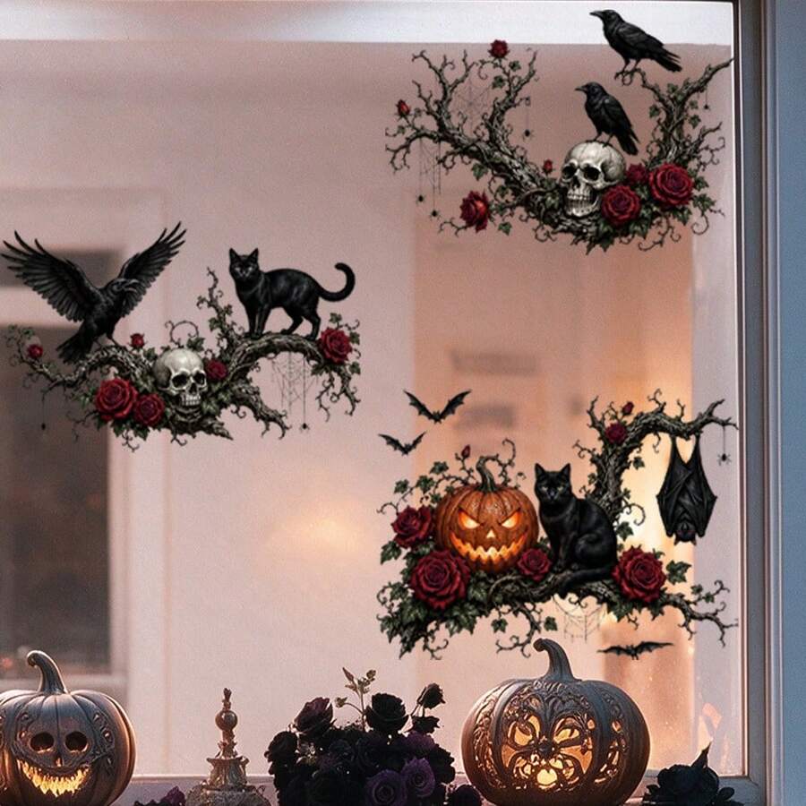 1/2pcs Dark Gothic Raven Skull Halloween Window Sticker, Double-Sided Visible PVC Electrostatic Adsorption Glass Sticker, Suitable For Bars, Cafes, Shops, And Home Decoration. - Multicolor - View 1