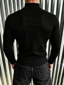 New Men's Casual Classic Ribbed Texture Mock Neck Versatile Long Sleeve T-Shirt - Black - View 3