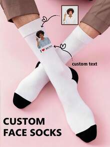 Men Custom Face & Text Printed Socks White With Black Toe Caps Soft Stretch Knit Fabric Breathable Novelty Personalized Crew Socks Suitable - Multicolor - View 1