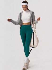NcmRyu 1pc Women's Fashionable Elastic Contrast Color Ribbed High Waist Patchwork Waistband Butt-Lifting Soft Comfortable Sports Long Pants - Green - View 3