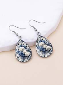 1 Pair Dark Vintage Rose Pattern With 316 Stainless Steel Water Drop Ear Hooks, Suitable For Women's Daily Wear - Blue - View 6