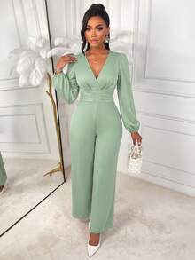 AIJ Women Fall Green French Style V‑Neck Long Puff Sleeve Wide Leg Jumpsuit High Waist Pockets Elegant Formal Office Party Evening Fall Fashion Outfit - Bean Green - View 11