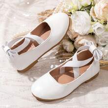 Girls' Cross Strap Bow Ballet Shoes, White Soft Sole Leather Shoes, Flower Girl Performance Shoes - White - View 2