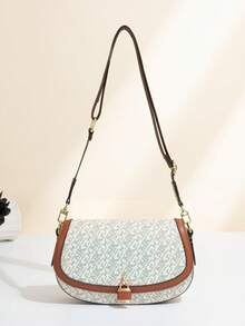 MKF Women's Vintage Floral Luxury Saddle Bag, 2026 New Letter Logo Crossbody Bag, Lock Flap Wide Strap Shoulder Bag, Brown PU Trim Adjustable Shoulder Strap Handbag, Daily Commute Bag, Women's Daily Travel Handbag, All-Season Versatile Everyday Style - Multicolor - View 12