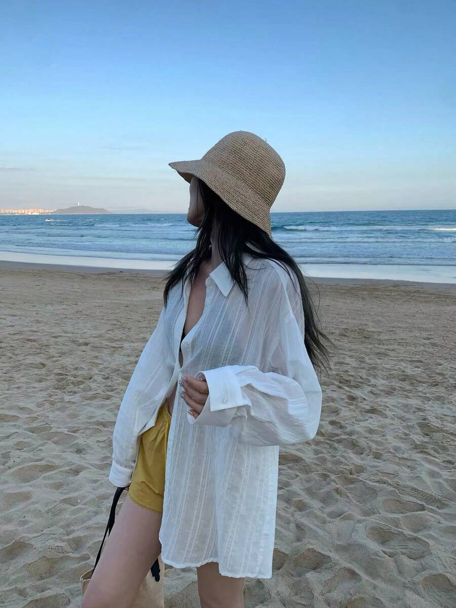 女款條紋長袖襯衫,微透防曬紋理休閒優雅上衣 - 白色 - 查看 1