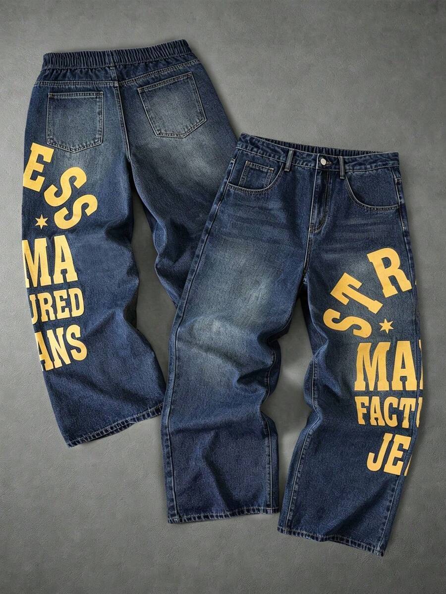 Casual jeans för pojkar från Street Life-serien med knappar, fickor och bokstavstryck, mångsidiga för vardagsbruk - Mediumtvätt - Visa 1