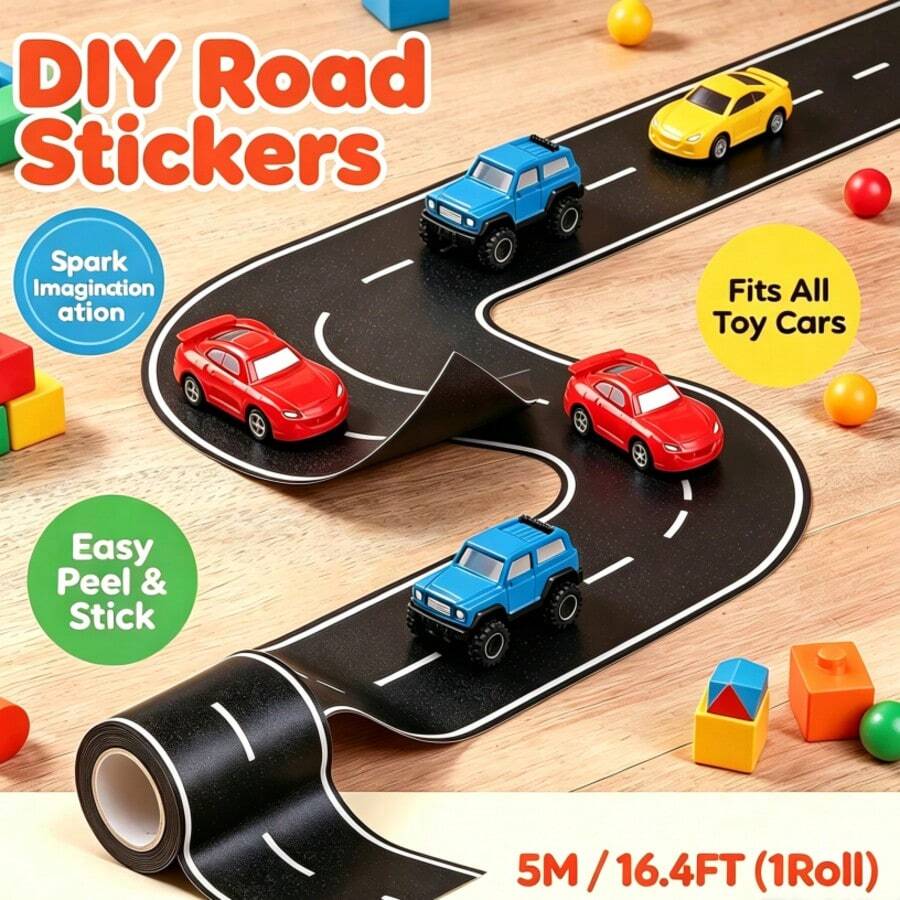 5m Reusable Cartoon Race Track Stickers, Road Tape, Self-Adhesive, Cuttable, Easy To Remove, No Residue. Suitable For Walls, Home Decor, Rama Stickers, Room Decoration And Theme Party Decor. Perfect As Birthday, Back To School Or Christmas Gifts. - Highway 1 - View 1