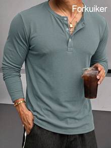 Men's Grey Long Sleeve Henley Shirt, Button Placket, Soft And Breathable Fabric, Slim Fit, Suitable For Daily Wear, Casual Outings And Business Casual - Grey - View 1