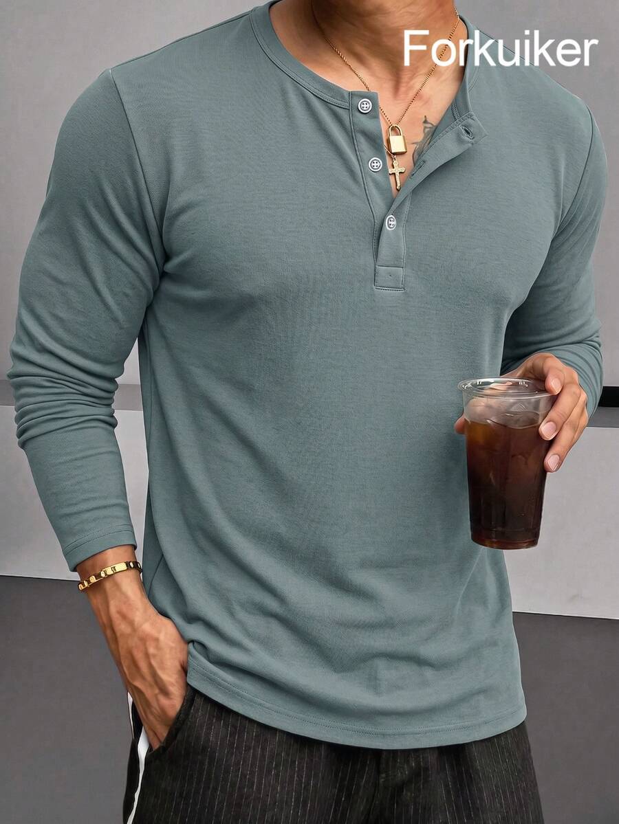 Men's Grey Long Sleeve Henley Shirt, Button Placket, Soft And Breathable Fabric, Slim Fit, Suitable For Daily Wear, Casual Outings And Business Casual - Grey - View 1