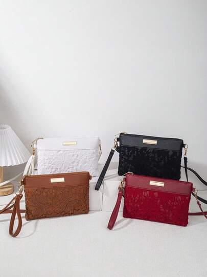 Women Hollow Floral Lace Crossbody Bag, Elegant Splicing Clutch Purse With Detachable Strap, Fashion Metal Plate Decor Casual Daily Shoulder Handbag